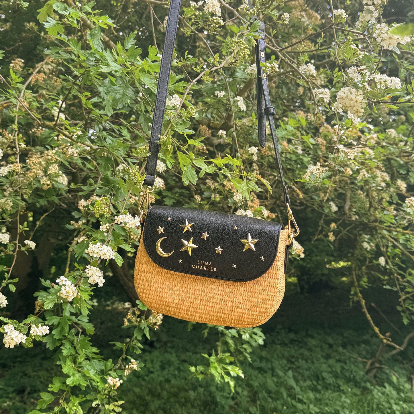 Elena Star Studded Rattan Handbag - Black & Gold