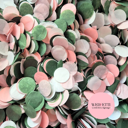 Large paper Confetti circles in forest green, baby Pink and white 