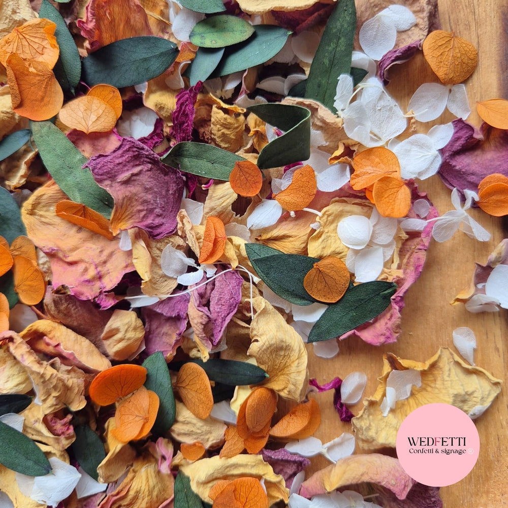 Mixed Rose, white & Orange SnowPetals + Eucalyptus
