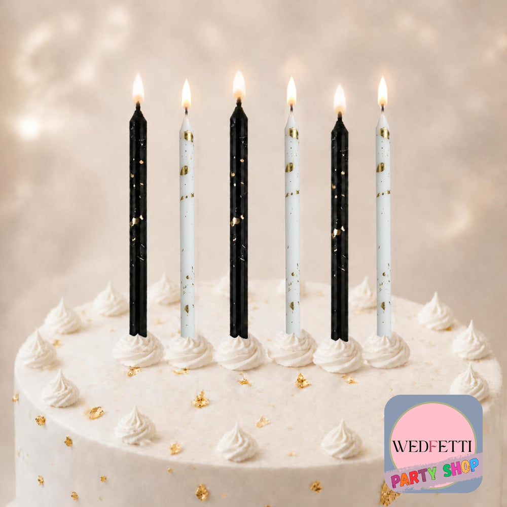 Tall Black White & Gold Birthday candles - 6 Pack