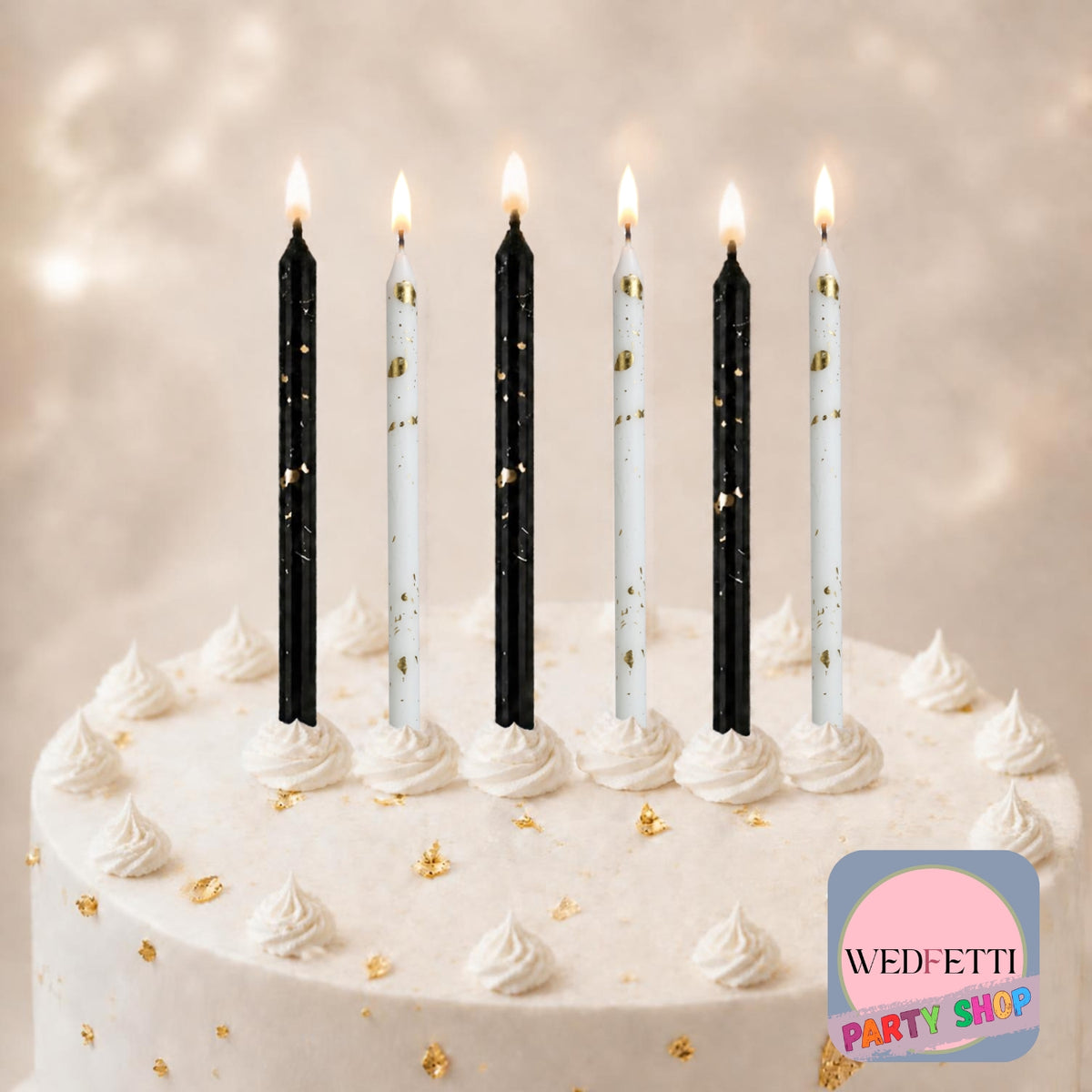 Tall Black White & Gold Birthday candles - 6 Pack