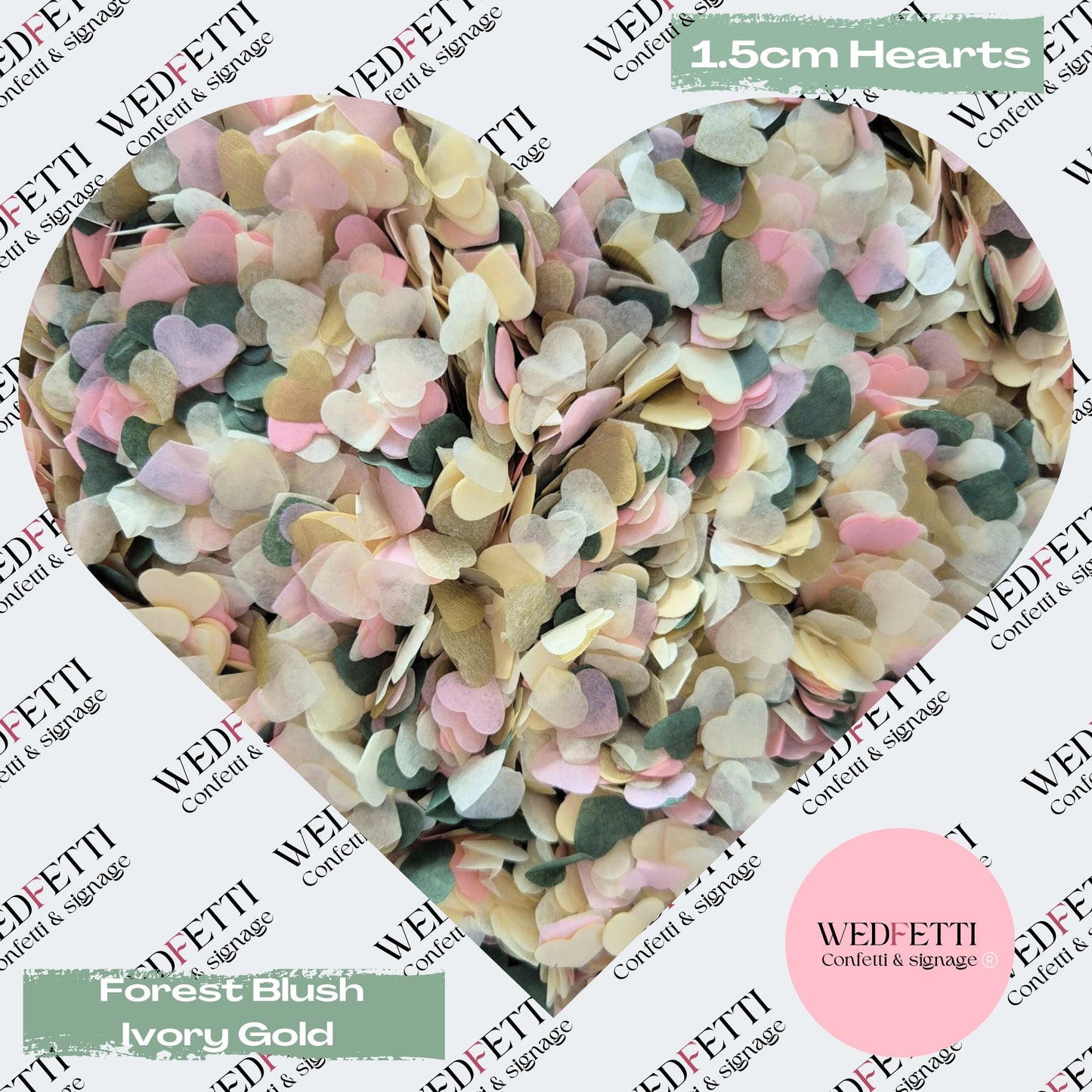Paper Confetti hearts 1.5cm - Forest Blush Ivory Gold