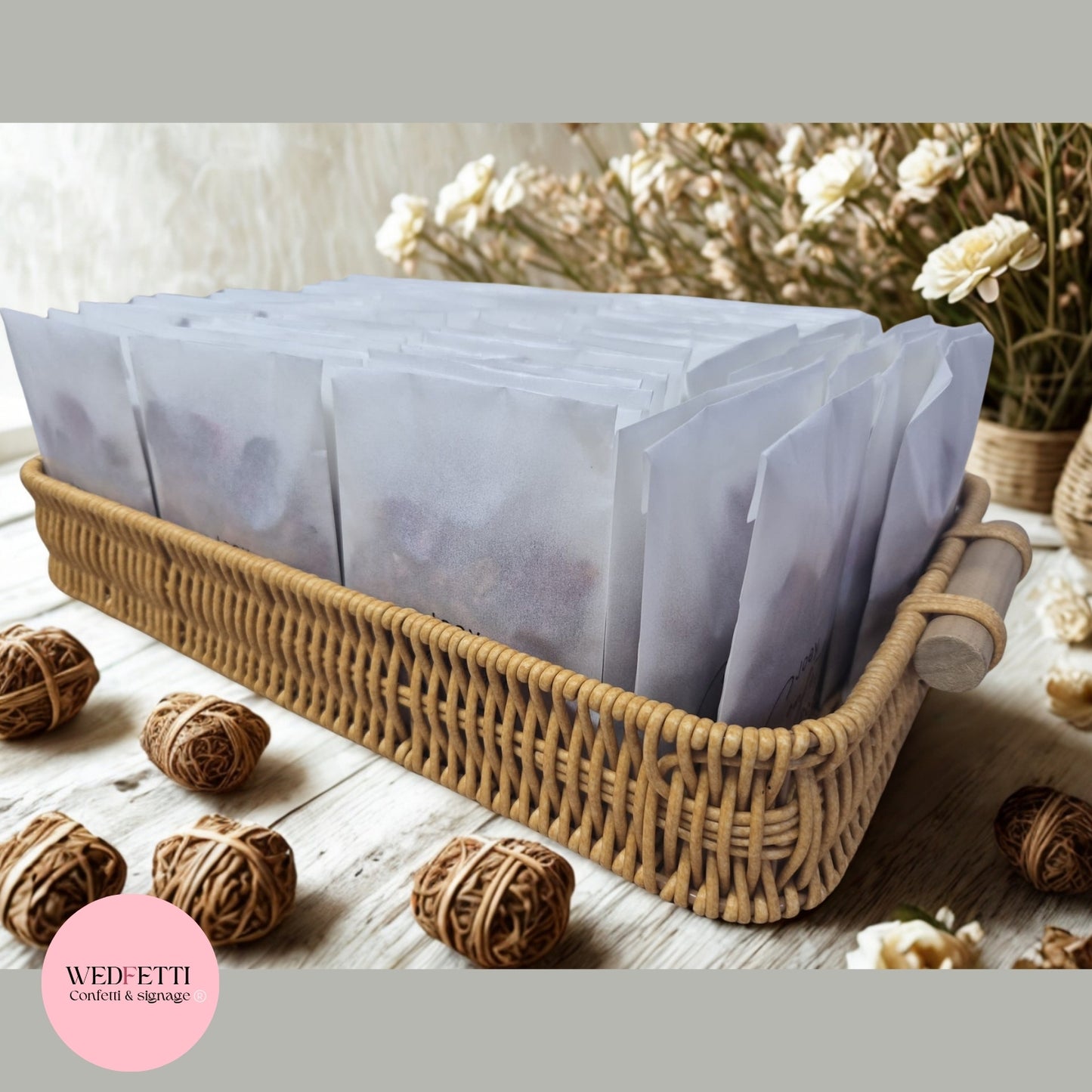 Large Tan Confetti Display Basket with Wooden Handles