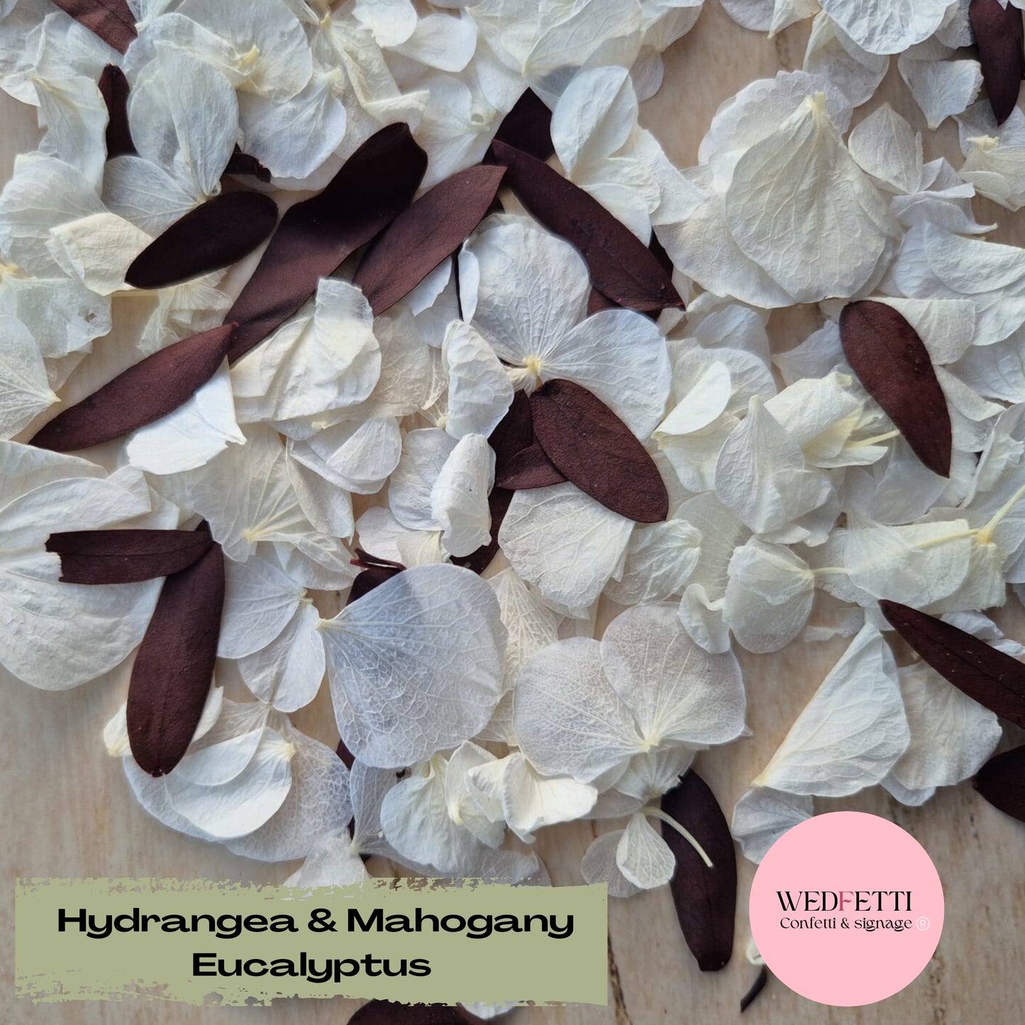 Petal Confetti hydrangea + Eucalyptus White Mahogany