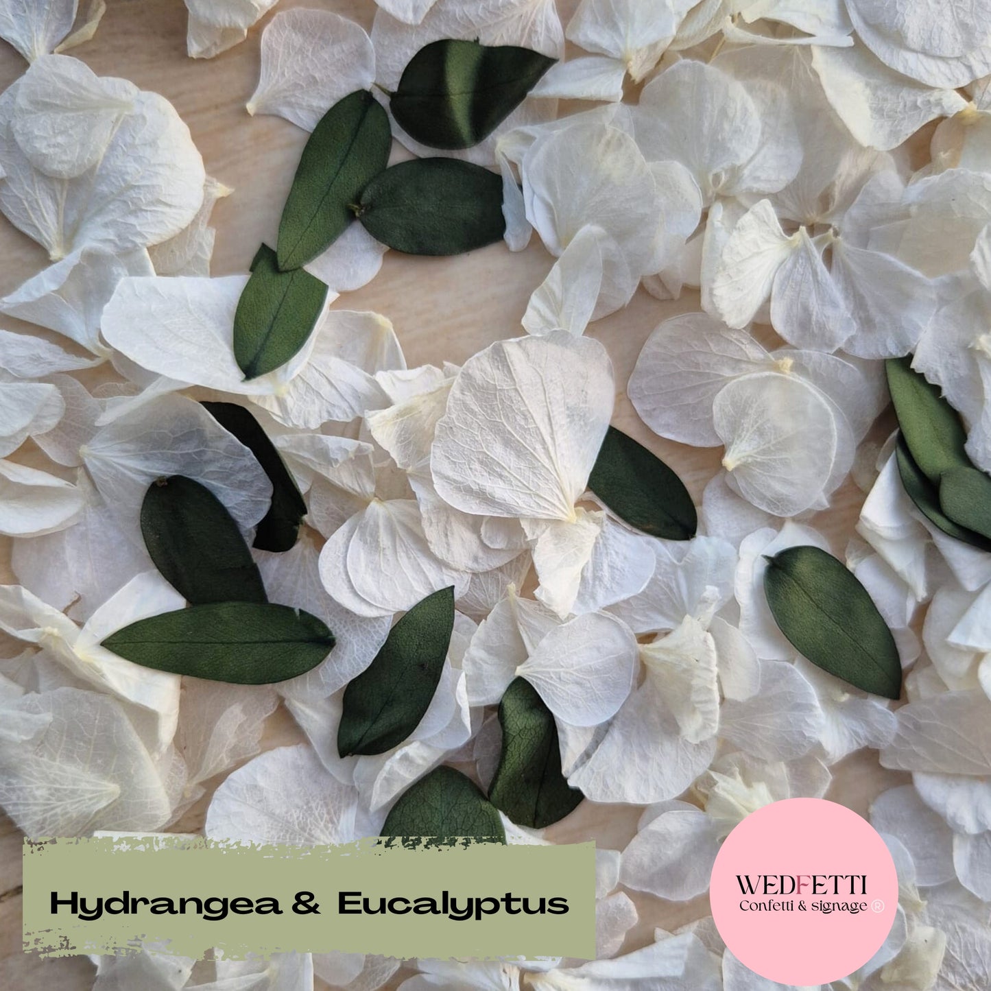 Petal Confetti hydrangea + Eucalyptus White Woodland