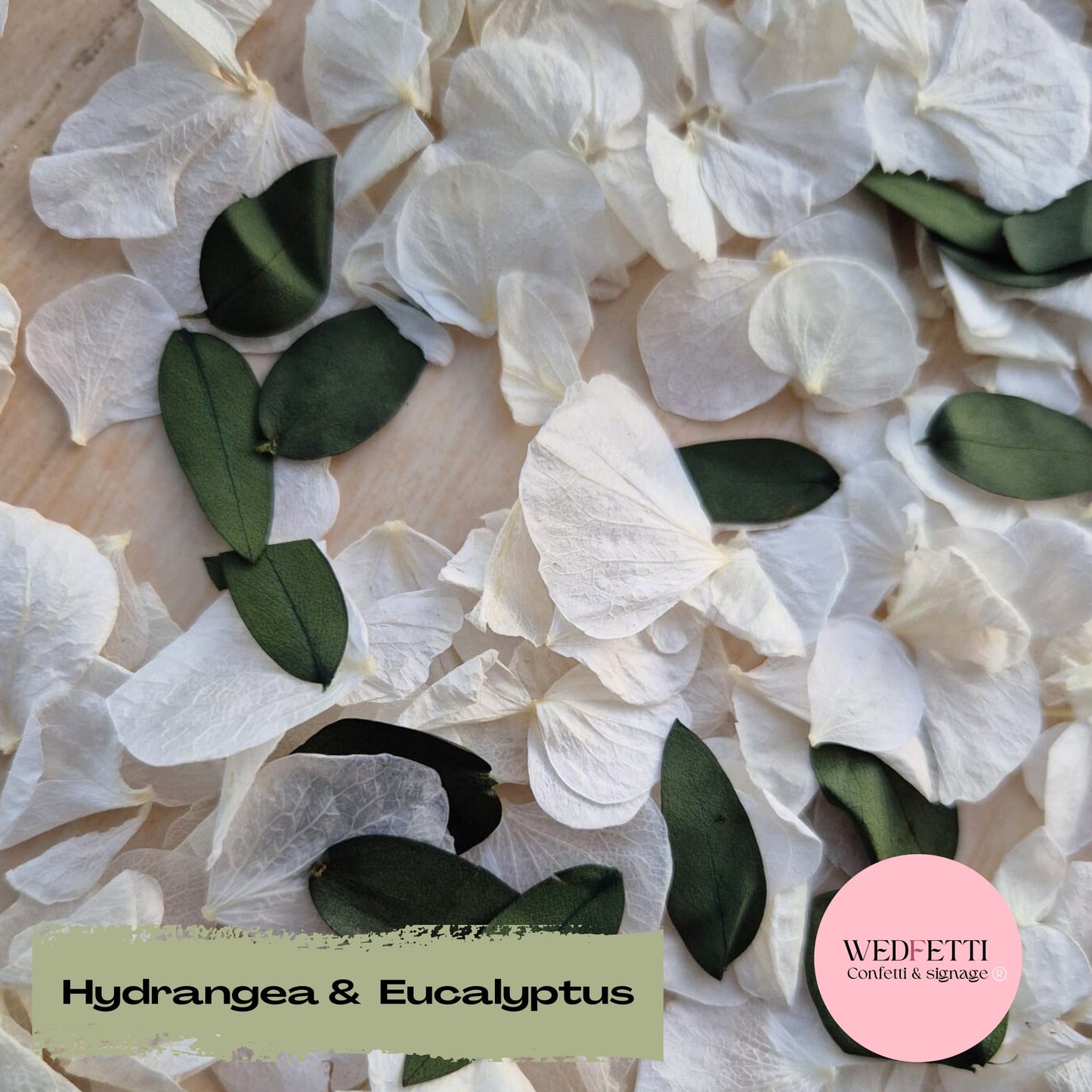 Petal Confetti hydrangea + Eucalyptus White Woodland