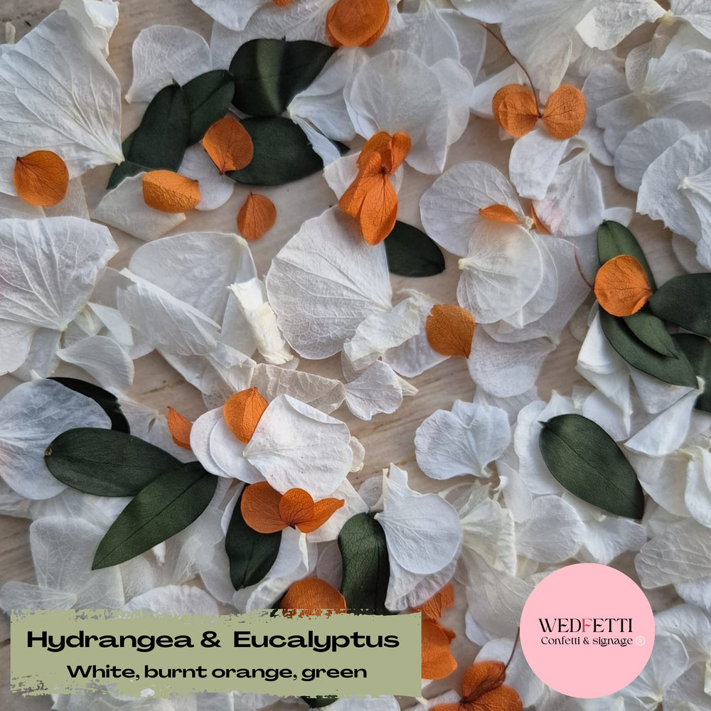 Petal Confetti hydrangea + Eucalyptus Burnt Orange White Green
