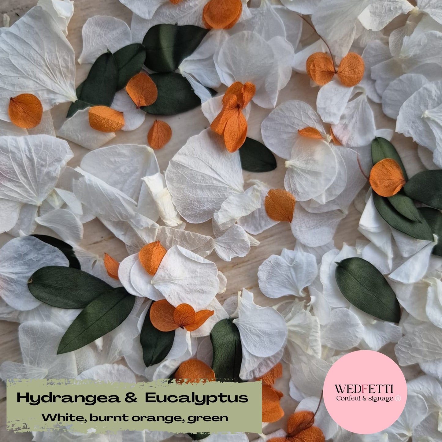 Petal Confetti hydrangea + Eucalyptus Burnt Orange White Green