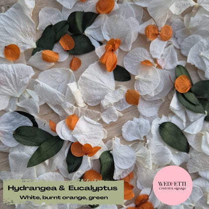 Petal Confetti hydrangea + Eucalyptus Burnt Orange White Green