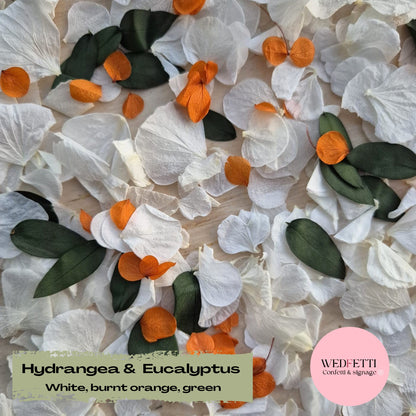 Petal Confetti hydrangea + Eucalyptus Burnt Orange White Green