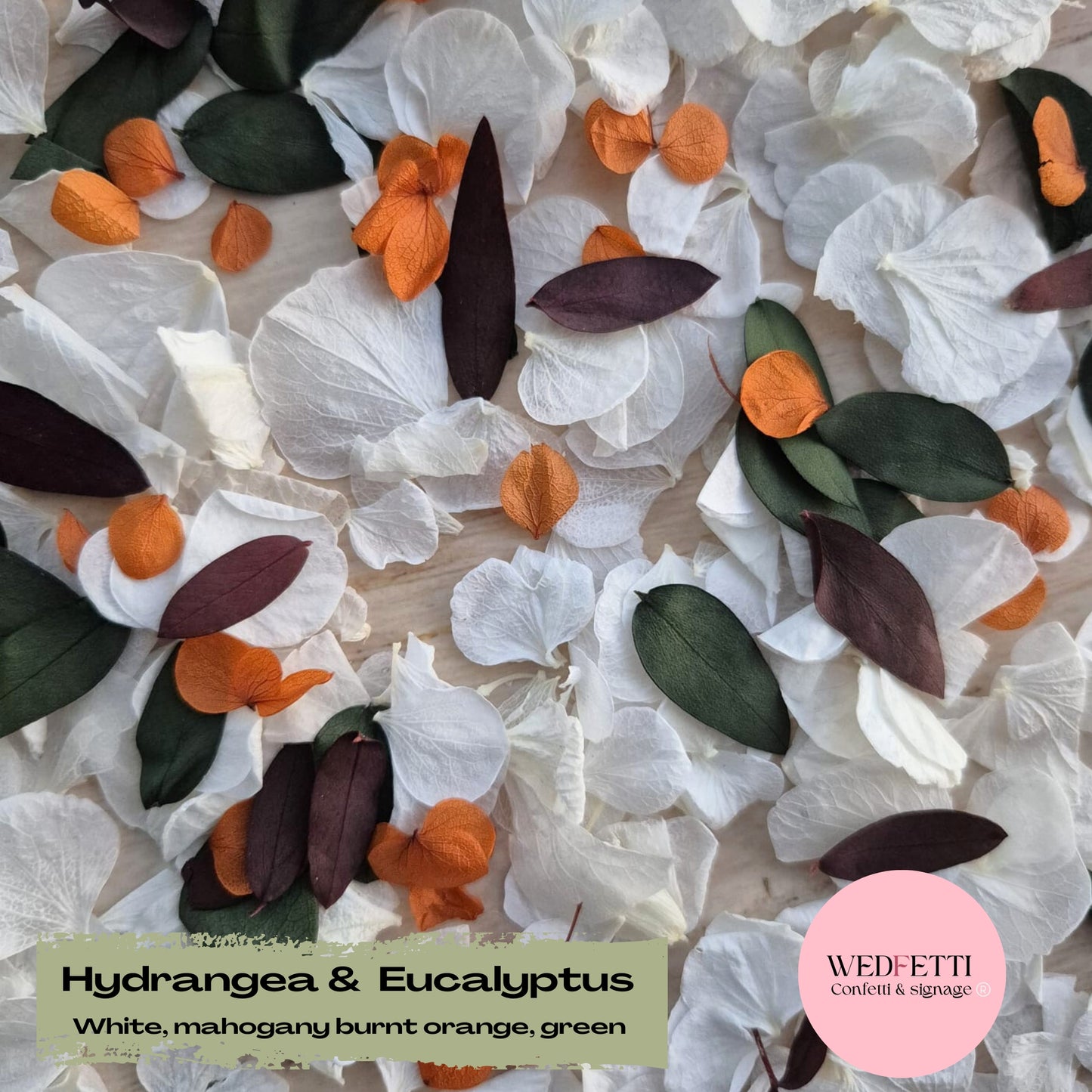 Petal Confetti hydrangea + Eucalyptus mahogany mix