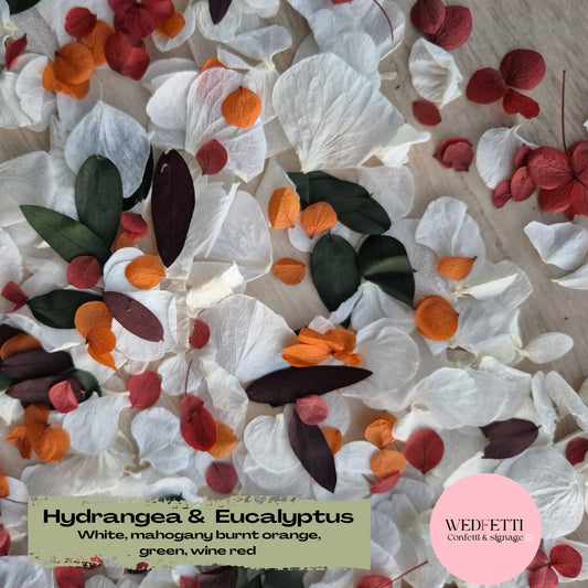 Petal Confetti hydrangea + Eucalyptus woodlands mix