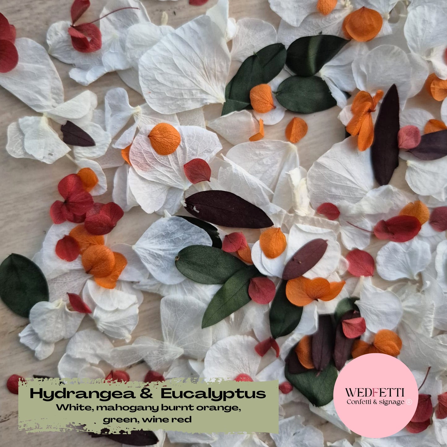 Petal Confetti hydrangea + Eucalyptus woodlands mix