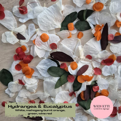 Petal Confetti hydrangea + Eucalyptus woodlands mix