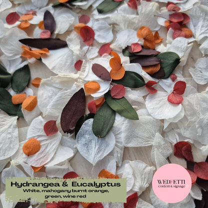 Petal Confetti hydrangea + Eucalyptus woodlands mix