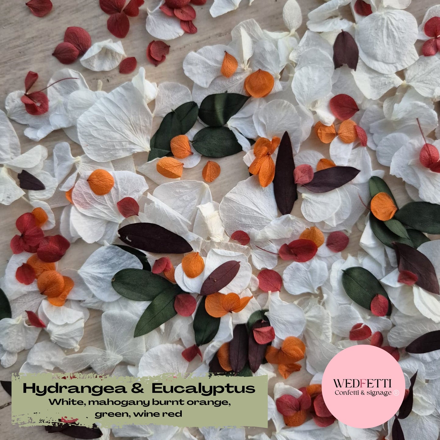 Petal Confetti hydrangea + Eucalyptus woodlands mix