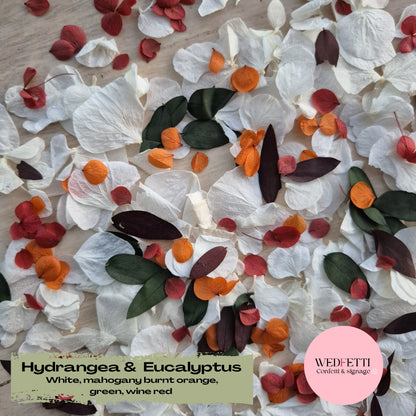 Petal Confetti hydrangea + Eucalyptus woodlands mix