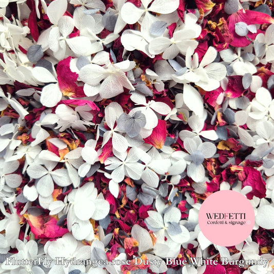 FlutterFly® + Burgundy Rose & Dusty Blue petals