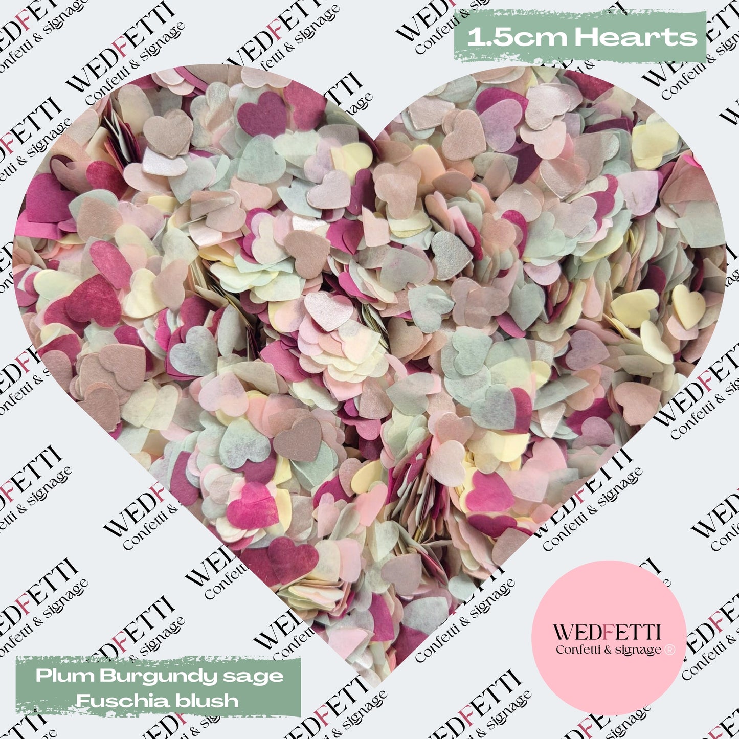 Paper Confetti hearts 1.5cm - Plum Burgundy sage Fuschia Blush