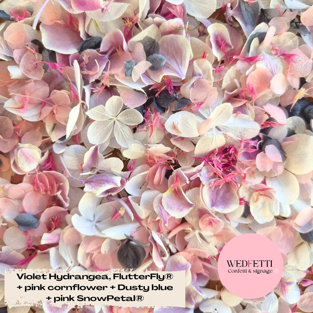 SLOW FALLING PETALS Freeze dried violet hydrangea + FlutterFly® + Pink cornflower + pink & blue SnowPetals®