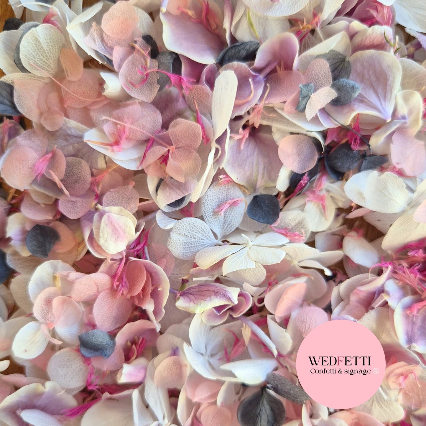 SLOW FALLING PETALS Freeze dried violet hydrangea + FlutterFly® + Pink cornflower + pink & blue SnowPetals®