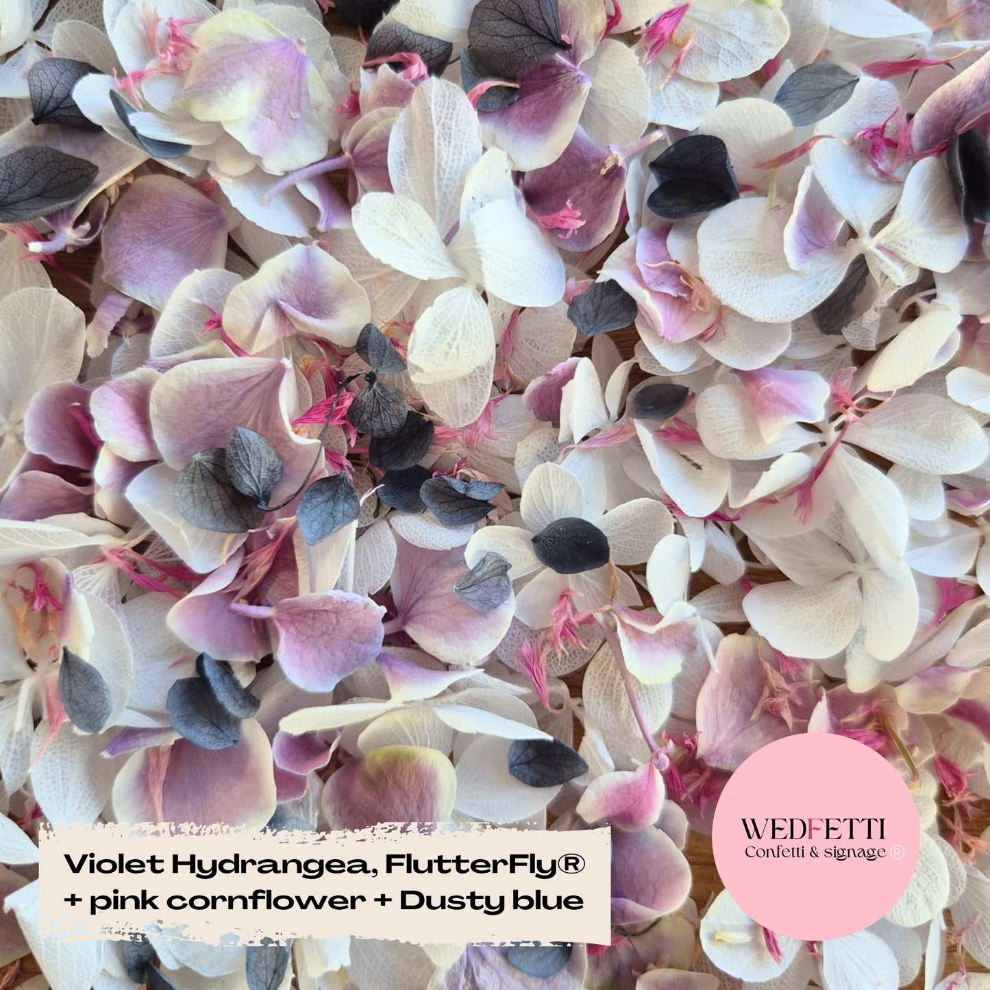 SLOW FALLING PETALS Freeze dried violet hydrangea + FlutterFly® + Pink cornflower + Dusty Blue