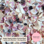 SLOW FALLING PETALS Freeze dried violet hydrangea + FlutterFly® + Pink cornflower + Dusty Blue