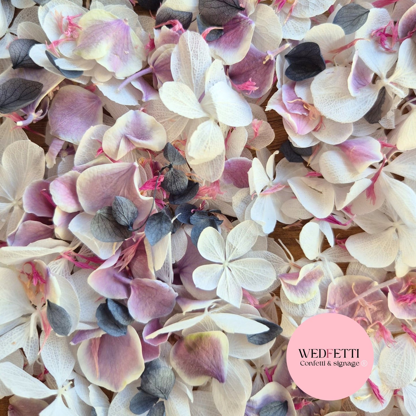 SLOW FALLING PETALS Freeze dried violet hydrangea + FlutterFly® + Pink cornflower + Dusty Blue
