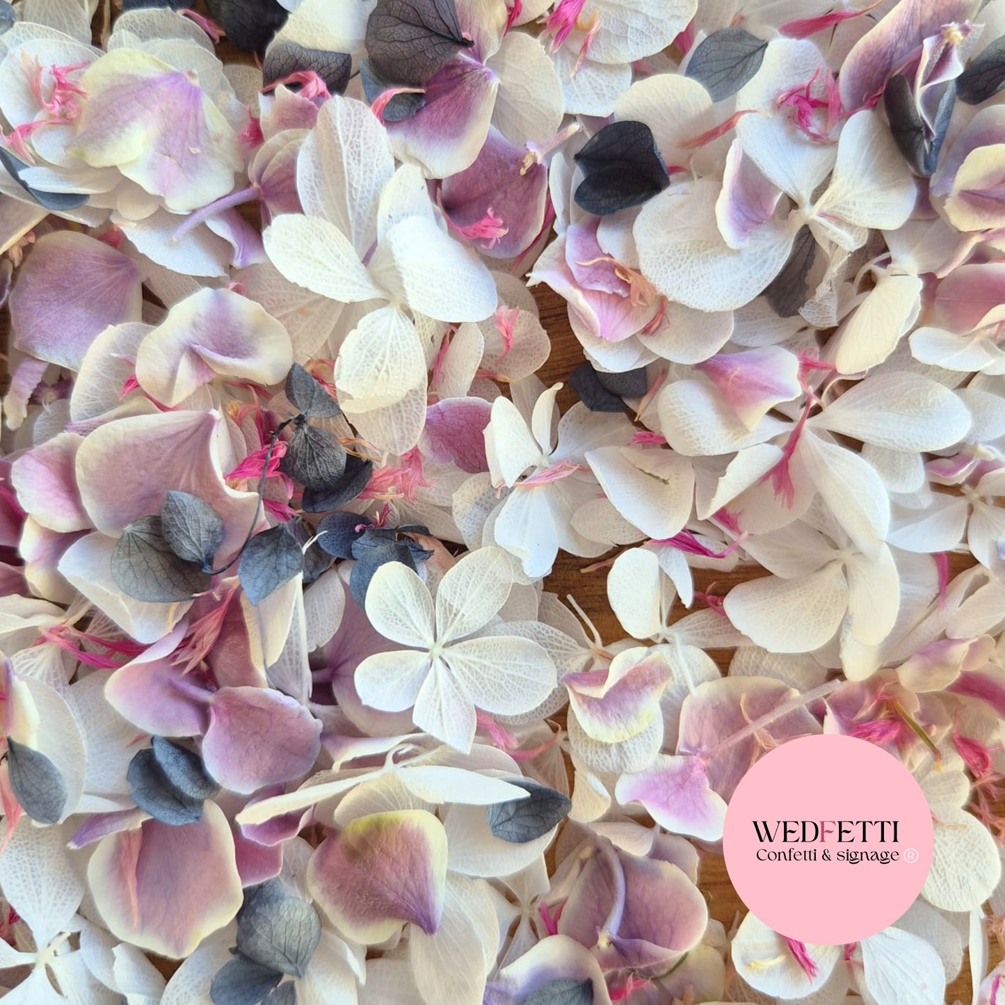 SLOW FALLING PETALS Freeze dried violet hydrangea + FlutterFly® + Pink cornflower + Dusty Blue