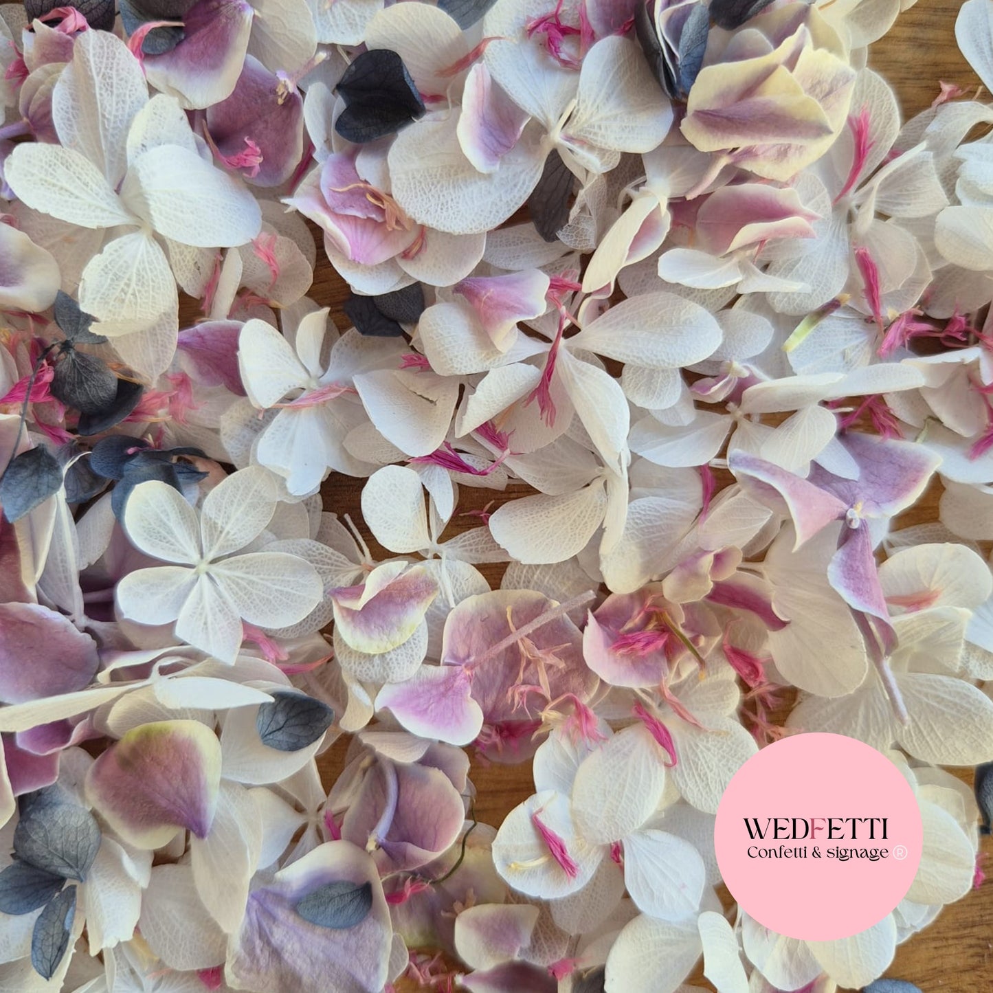 SLOW FALLING PETALS Freeze dried violet hydrangea + FlutterFly® + Pink cornflower + Dusty Blue