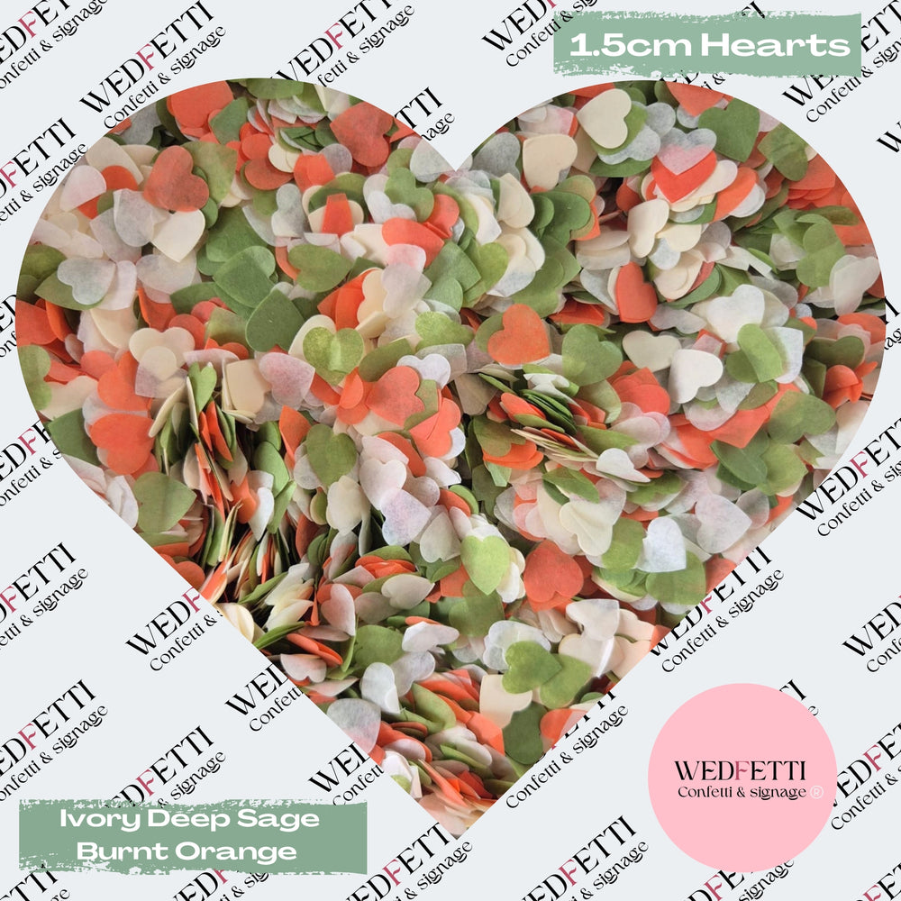 Paper Confetti hearts 1.5cm - Ivory Deep Sage burnt orange
