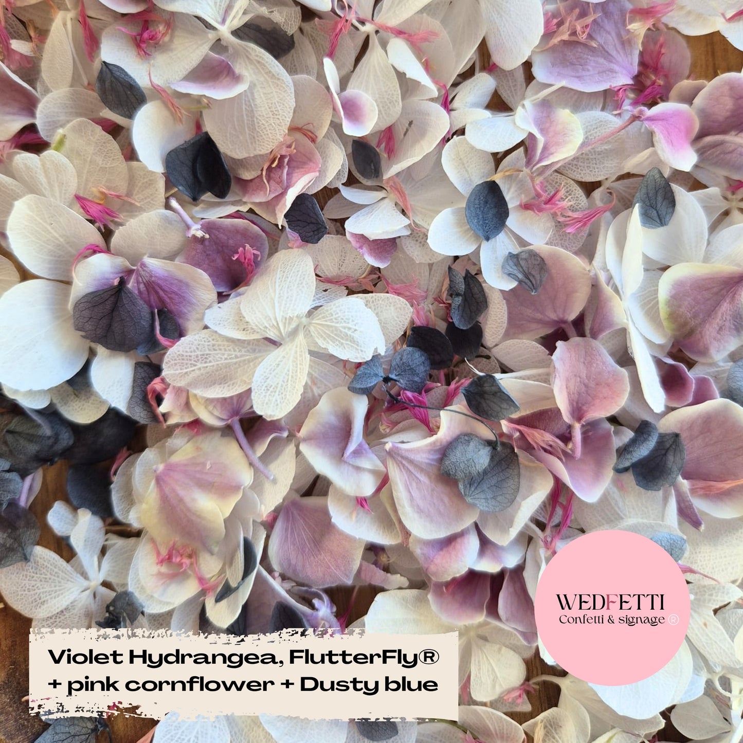 SLOW FALLING PETALS Freeze dried violet hydrangea + FlutterFly® + Pink cornflower + Dusty Blue