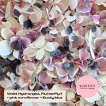 SLOW FALLING PETALS Freeze dried violet hydrangea + FlutterFly® + Pink cornflower + Dusty Blue