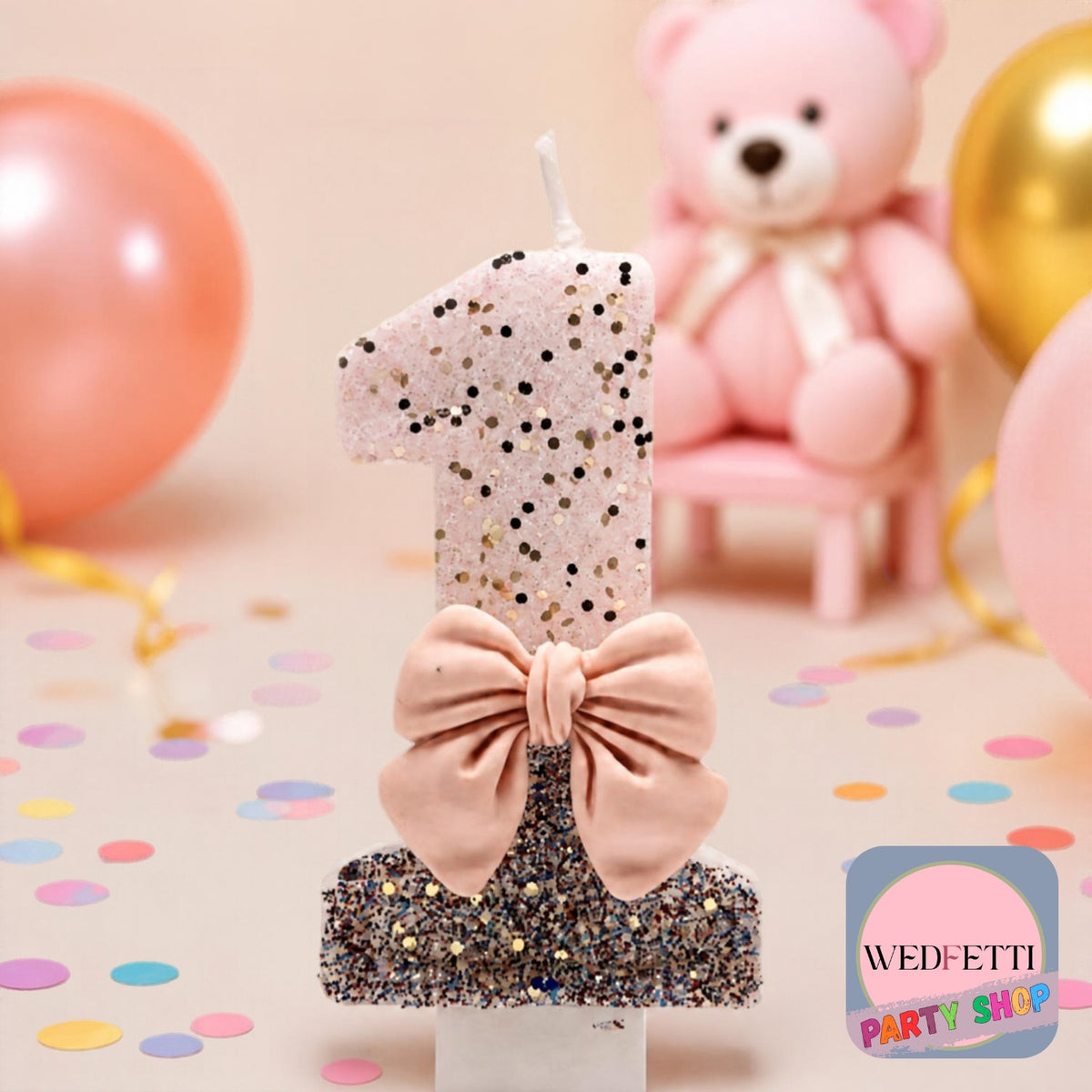 Pink & Silver Glitter Number Birthday Candle with Bow