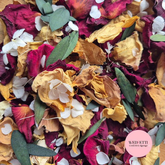 Large Burgundy, Light Tan Rose petals + SnowPetals & Eucalyptus
