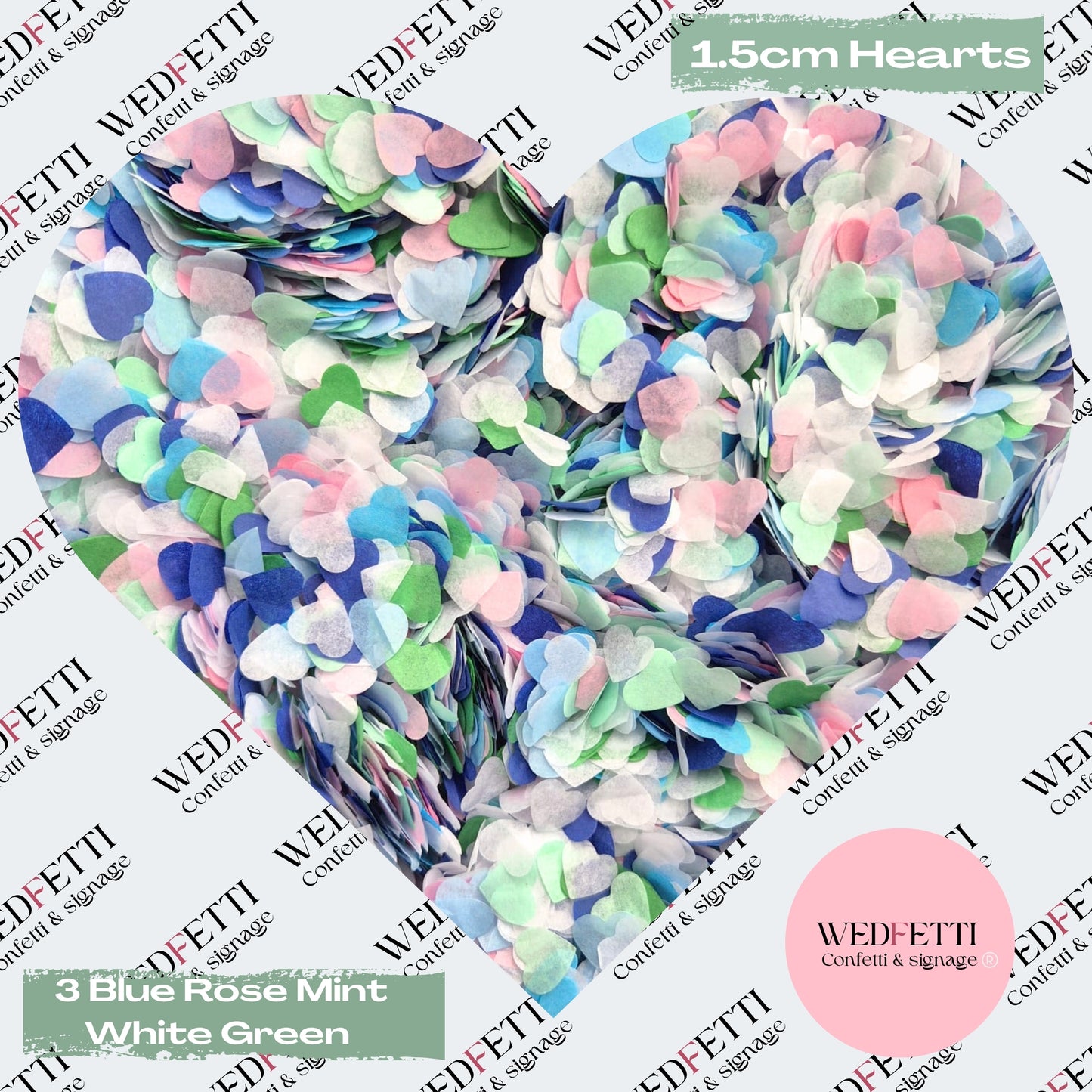 Paper Confetti hearts 1.5cm - 3 Blue Rose Mint White Green
