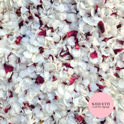 Snow Petal Confetti® - White + Burgundy Rose petals