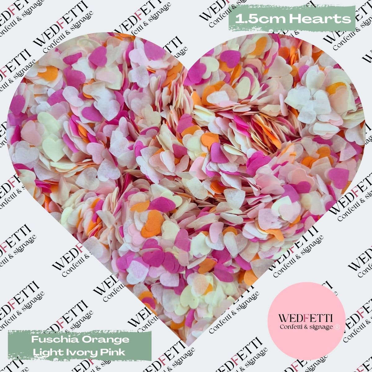Paper Confetti hearts 1.5cm - Fuschia Baby Pink Light Ivory Orange