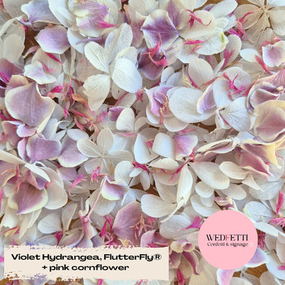 SLOW FALLING PETALS Freeze dried violet hydrangea + FlutterFly® + Pink cornflower