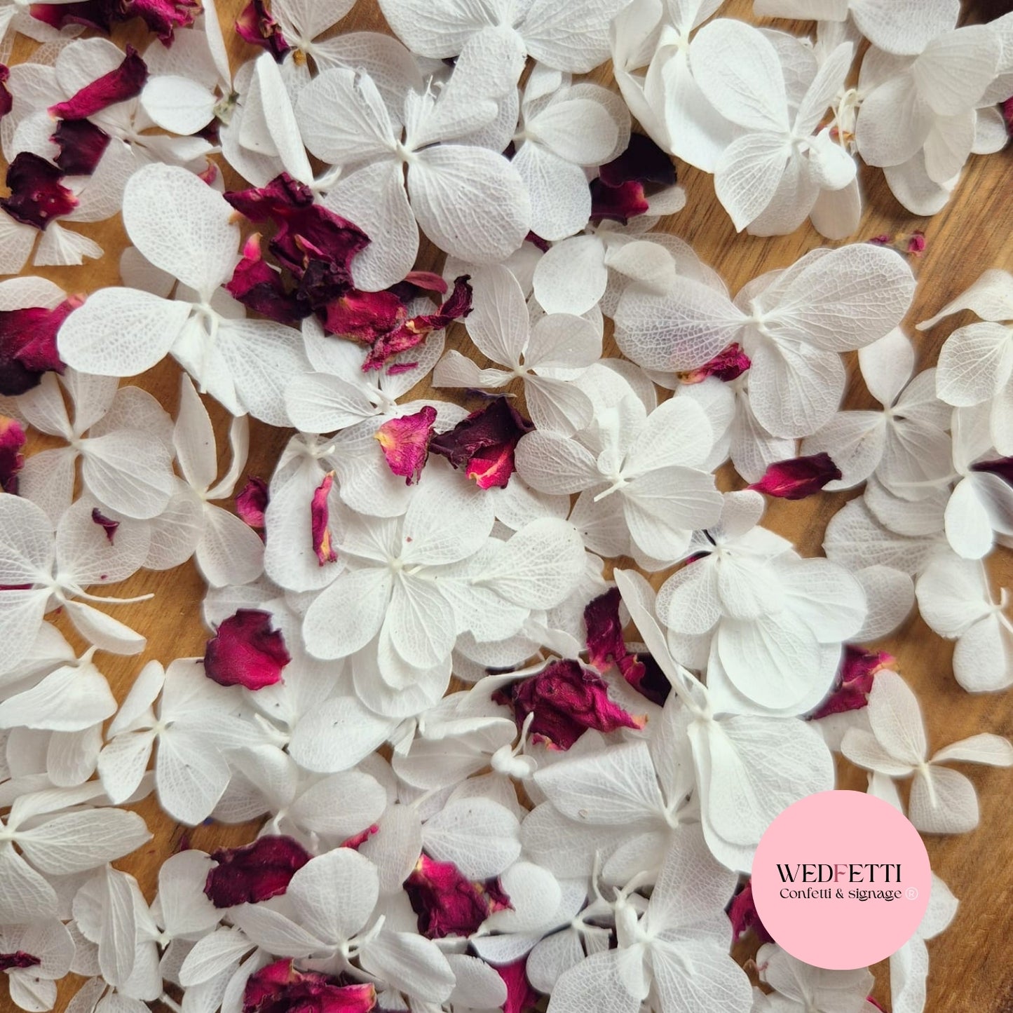 FlutterFly® Petal Confetti - Pure white + Burgundy Rose petals