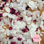 FlutterFly® Petal Confetti - Pure white + Burgundy Rose petals