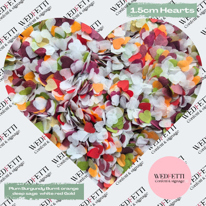 Paper Confetti hearts 1.5cm - Plum Burgundy Burnt orange White deep sage Red Gold