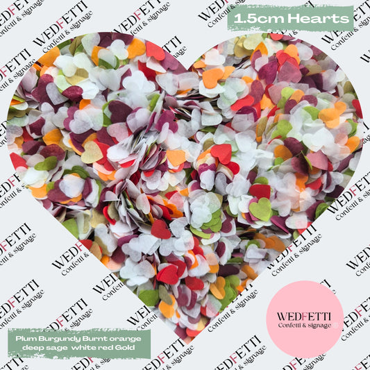 Paper Confetti hearts 1.5cm - Plum Burgundy Burnt orange White deep sage Red Gold