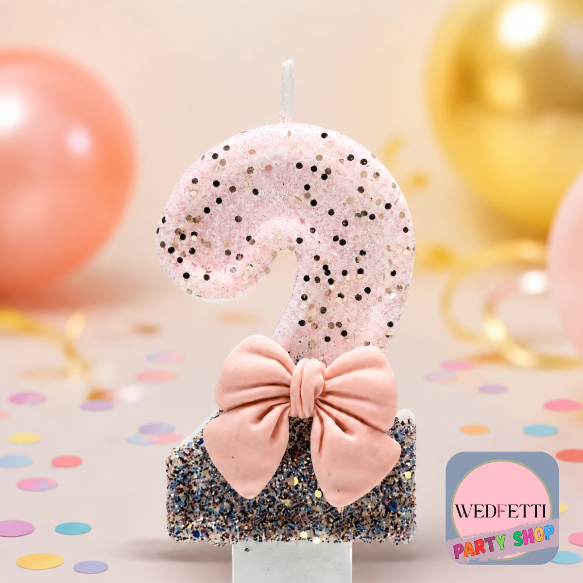 Pink & Silver Glitter Number Birthday Candle with Bow