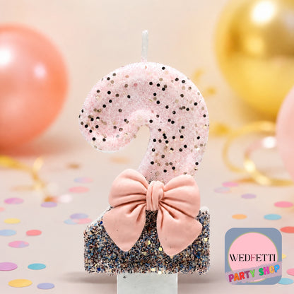 Pink & Silver Glitter Number Birthday Candle with Bow