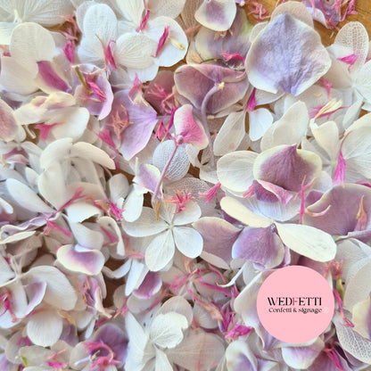 SLOW FALLING PETALS Freeze dried violet hydrangea + FlutterFly® + Pink cornflower