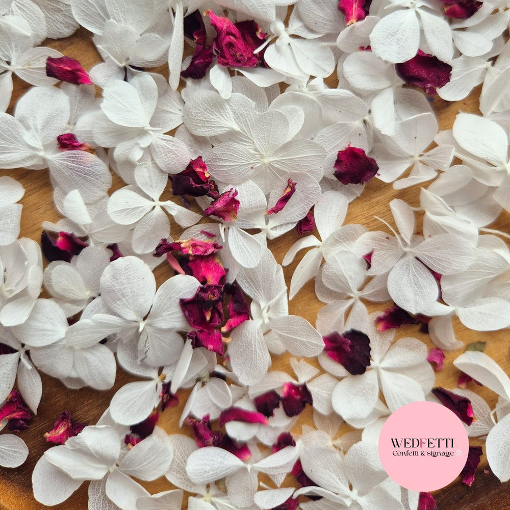 FlutterFly® Petal Confetti - Pure white + Burgundy Rose petals