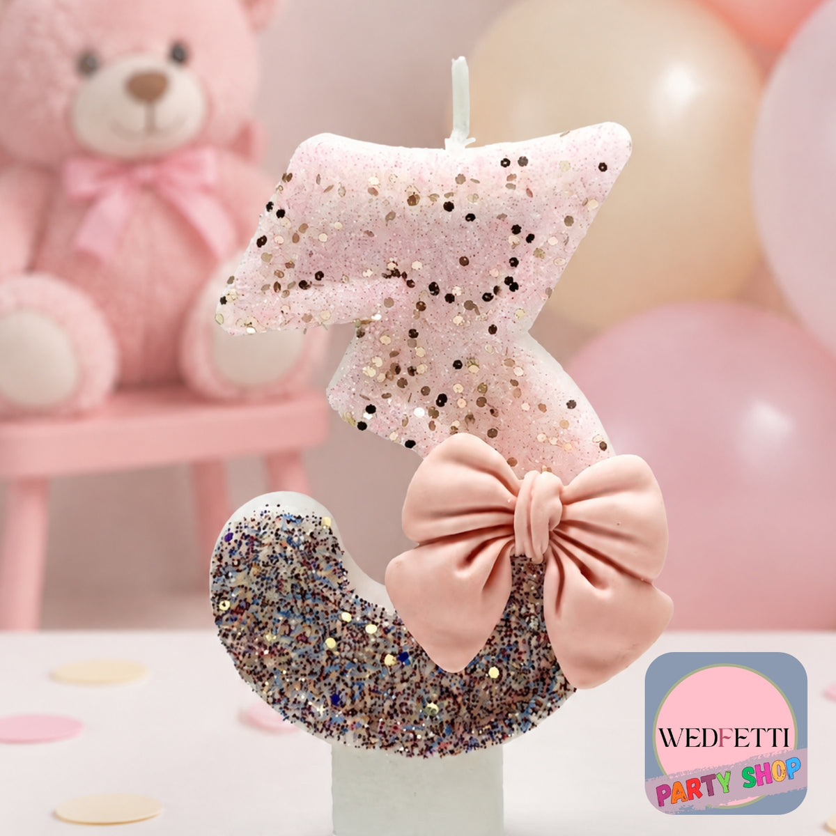 Pink & Silver Glitter Number Birthday Candle with Bow