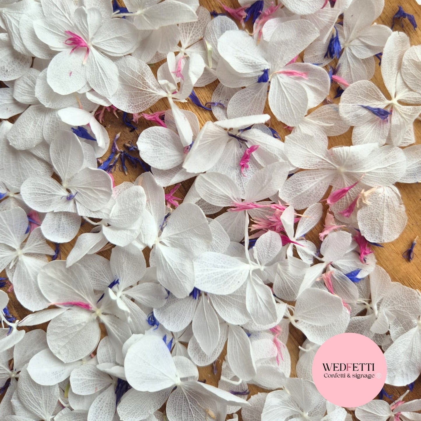 FlutterFly® Petal Confetti - Pure white + Blue & Pink Cornflower