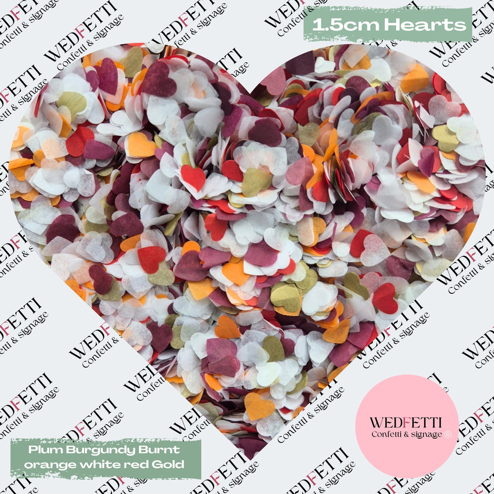 Paper Confetti hearts 1.5cm - Plum Burgundy Burnt orange White Red Gold